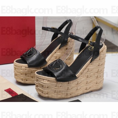 Valentino Heel 15cm Platform 7cm Vlogo Cut-Out Wedge Sandals Espadrilles in calfskin leather Black 2024