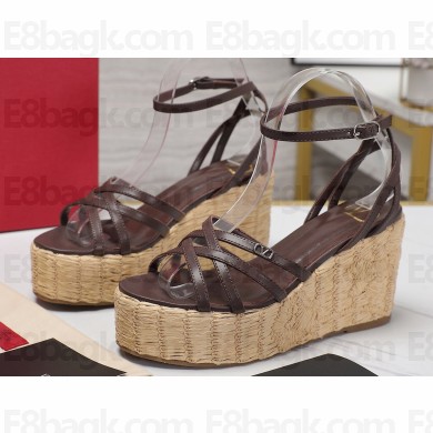 Valentino Heel 11cm Platform 4cm Raflower Wedge Sandals Espadrilles in calfskin leather Coffee 2024