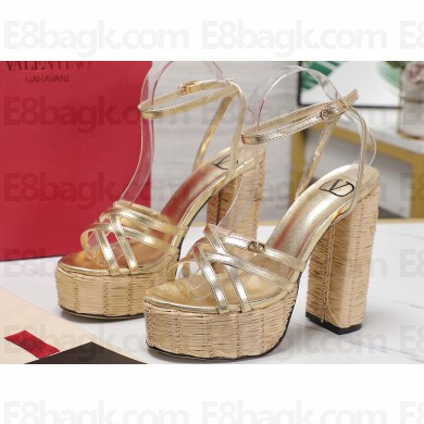 Valentino Heel 13cm Platform 4cm Raflower Wedge Sandals Espadrilles in calfskin leather Gold 2024