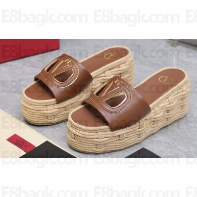 Valentino Heel 8.5cm Platform 5.5cm Vlogo Cut-Out Slide Wedge Sandals Espadrilles in calfskin leather Brown 2024