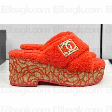 Chanel Platform CC Logo Shearling Mules Red 2024