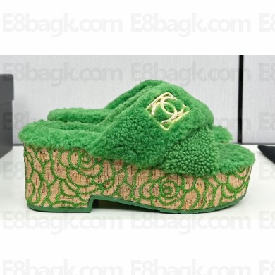 Chanel Platform CC Logo Shearling Mules Green 2024