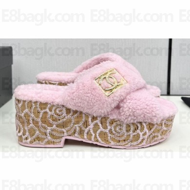 Chanel Platform CC Logo Shearling Mules Pink 2024