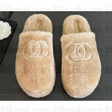 Chanel Platform CC Logo Shearling Fur Mules Beige 2024