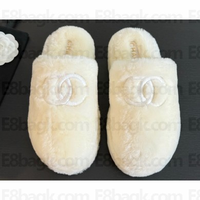 Chanel Platform CC Logo Shearling Fur Mules White 2024