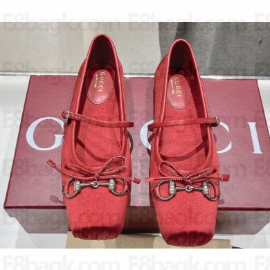 Gucci Satin Horsebit Ballet Flats with Bow Red 2024