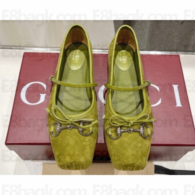 Gucci Satin Horsebit Ballet Flats with Bow Olive Green 2024
