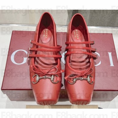 Gucci Leather Horsebit Ballet Flats with Bow Red 2024