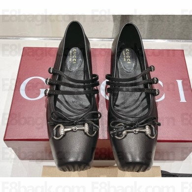 Gucci Leather Horsebit Ballet Flats with Bow Black 2024