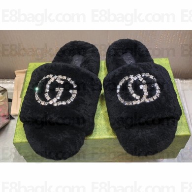 Gucci Crystal GG Shearling Fur Slide Sandals Black 2024