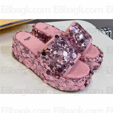 Fendi Heel 6cm Platform 3.5cm Sequins Slides Pink 2024