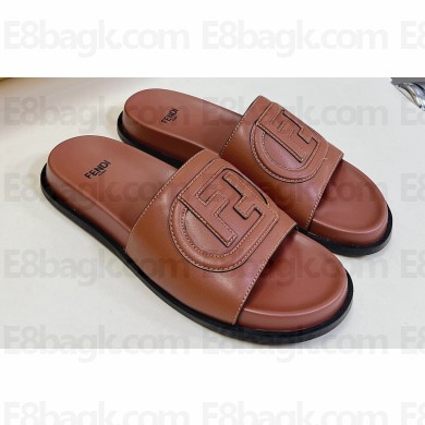 Fendi Calfskin Leather FF Slides Brown 2024