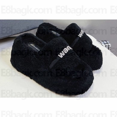 Alexander Wang Crystal Logo platform Shearling Fur slides Black 2024