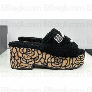 Chanel Platform Pearl and Crystal CC Logo Shearling Mules Black 2024