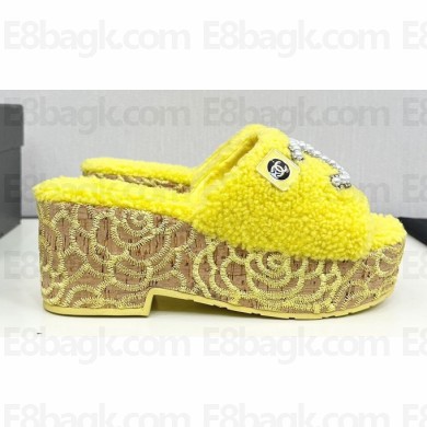 Chanel Platform Pearl and Crystal CC Logo Shearling Mules Yellow 2024