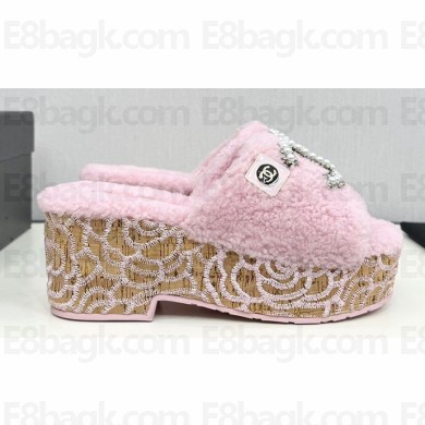 Chanel Platform Pearl and Crystal CC Logo Shearling Mules Pink 2024