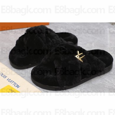 Louis Vuitton Shearling cross-over straps LV Bliss Comfort Mules Black 2024