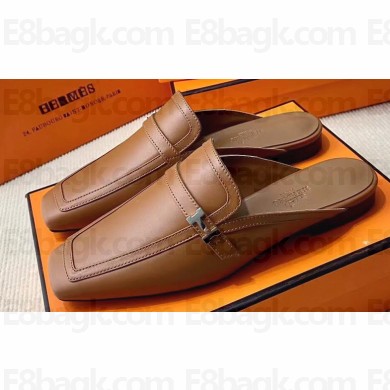 Hermes Groupie mules Brown in goatskin with palladium-plated Paris buckle (original quality)