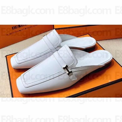 Hermes Groupie mules Pale Gray in goatskin with palladium-plated Paris buckle (original quality)