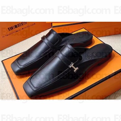 Hermes Groupie mules Black in goatskin with palladium-plated Paris buckle (original quality)