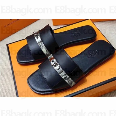 Hermes Giulia sandals in calfskin Black/Python with Kelly buckle (original quality)