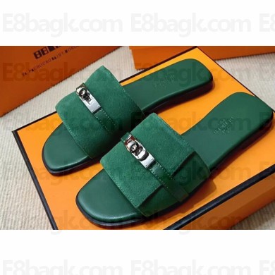 Hermes Giulia sandals in Suede Green with Kelly buckle (original quality)