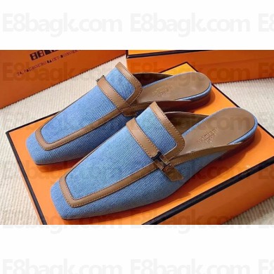 Hermes Groupie mules in denim Blue and calfskin with miniature permabrass-plated Paris buckle (original quality)