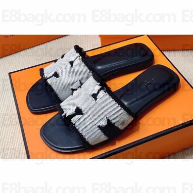 Hermes Oran Sandals in fringed H canvas Black (original quality)