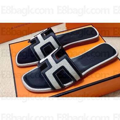 Hermes Oran Sandals in Calfskin Black and canvas (original quality)