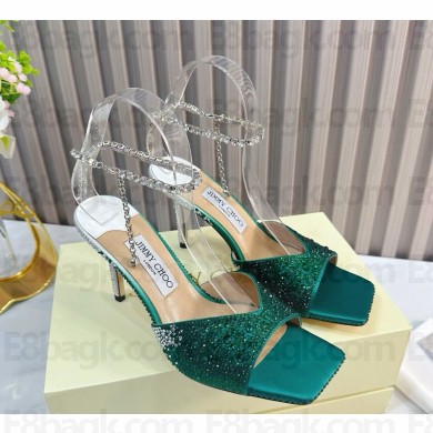 JIMMY CHOO  HEEL 8.5CM Saeda Green Satin Sandals with Crystal Embellishment 2024