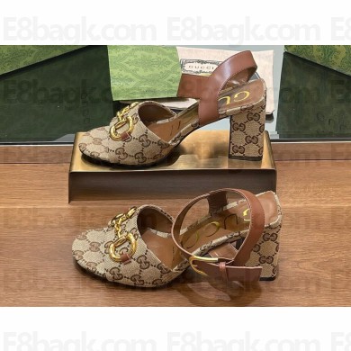 Gucci Heel 8cm Women's Horsebit GG Canvas and leather Sandals Brown 2024