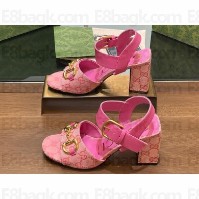 Gucci Heel 8cm Women's Horsebit GG Canvas and leather Sandals Pink 2024