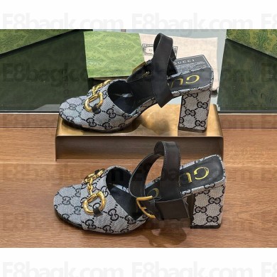 Gucci Heel 8cm Women's Horsebit GG Canvas and leather Sandals Black 2024