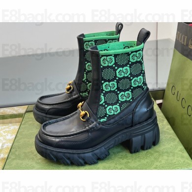 Gucci Heel 6cm Women's Horsebit ankle boots with GG jersey Black/Green 2024