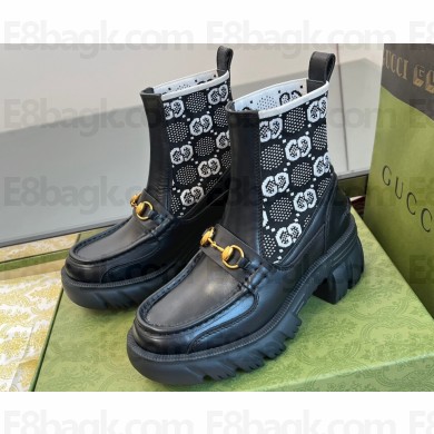 Gucci Heel 6cm Women's Horsebit ankle boots with GG jersey Black/White 2024
