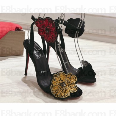 Christian Louboutin Heel 10cm Button Flower Strass Loubi Queen Alta Sandals Black 2024