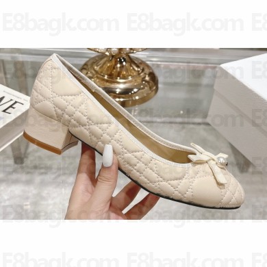 Dior Heel 5cm Ballet Pumps with Grosgrain bow and Pearl in Quilted Cannage Calfskin Beige 2024