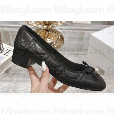 Dior Heel 5cm Ballet Pumps with Grosgrain bow and Pearl in Quilted Cannage Calfskin Black 2024
