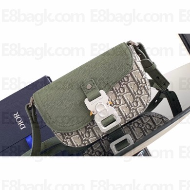 Dior Mini Saddle Messenger Bag with Flap in Khaki Dior Oblique Jacquard and Khaki Grained Calfskin 2024