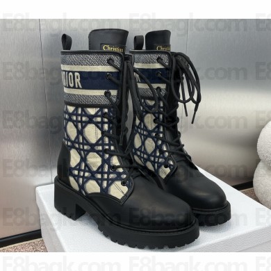 Dior Heel 4.5cm D-Major Ankle Boots in Black Calfskin with Deep Blue and Beige Embroidered Cannage Cotton 2024