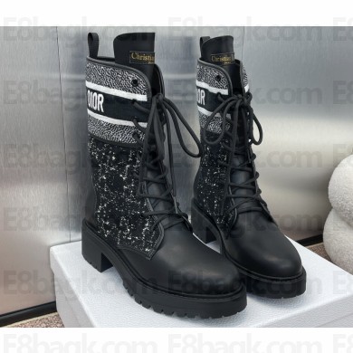 Dior Heel 4.5cm D-Major Ankle Boots in Black Calfskin with Black and White Cannage Tweed 2024