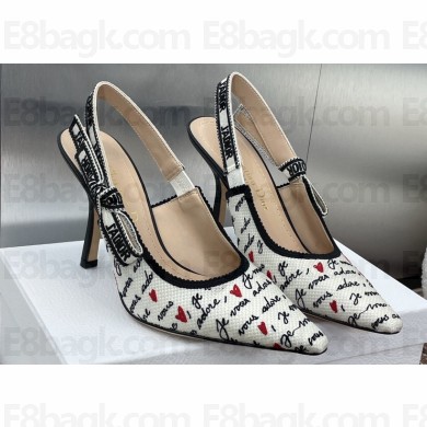 Dior Heel 9.5cm J'Adior Dioramour Slingback Pumps in White Cotton with Embroidered Black and Red Je Vous Adore Motif 2024