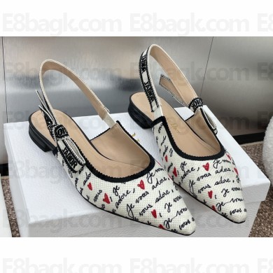 Dior J'Adior Dioramour Slingback Ballerina Flats in White Cotton with Embroidered Black and Red Je Vous Adore Motif 2024