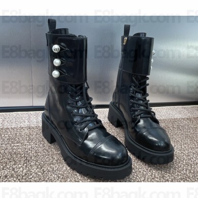 Dior Heel 3cm D-Strike Ankle Boots in Black Matte Calfskin and White Resin Pearls 2024