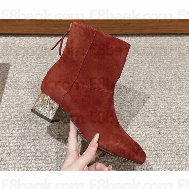 Miu Miu Crystal Heel Suede Leather Ankle Boots Red 2024