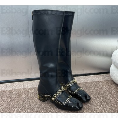 Dior Heel 3.5cm Belle-D Heeled Boots in Black Patent Calfskin and Gold-Finish Studs 2024