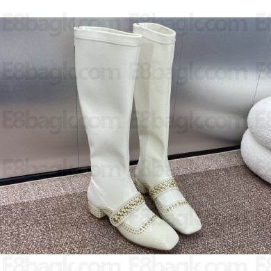 Dior Heel 3.5cm Belle-D Heeled Boots in White Patent Calfskin and Gold-Finish Studs 2024