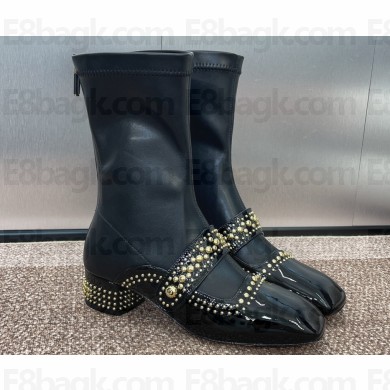 Dior Heel 3.5cm Belle-D Heeled Ankle Boots in Black Patent Calfskin and Gold-Finish Studs 2024