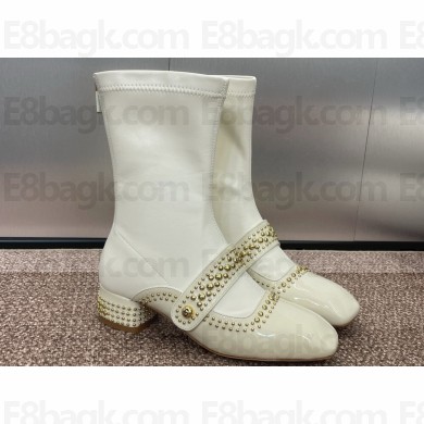 Dior Heel 3.5cm Belle-D Heeled Ankle Boots in White Patent Calfskin and Gold-Finish Studs 2024