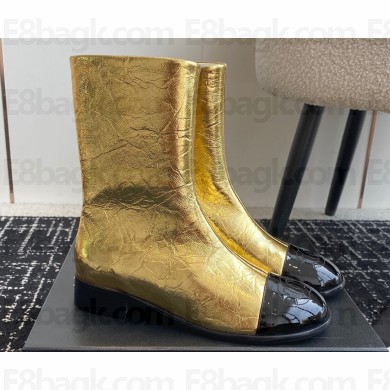 Chanel Crinkled Calfskin and Patent Black Ankle Boots Gold 2024